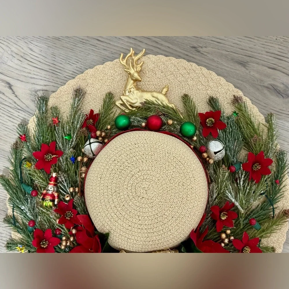 Handmade Christmas Straw Hat Wreath! Holidays decor Crafted From Scratch! Lights